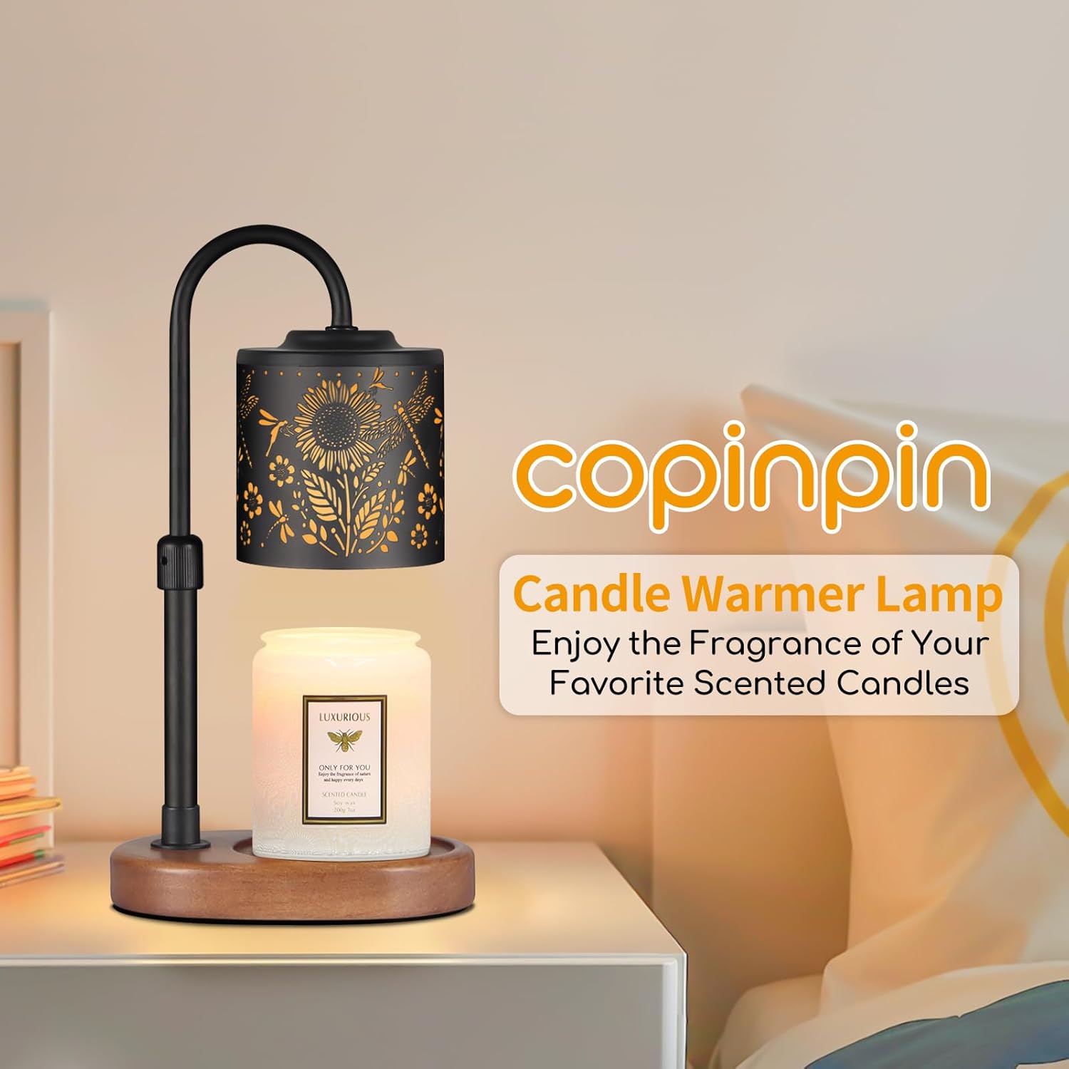 Dimmable Candle Warmer Lamp with Timer Adjustable Height for Scented Jar Candles Electric Candle Wax Melt Warmer for Home Decor Christmas Birthday Gifts for Women Mom(Sunflower Dragonfly)